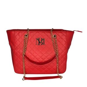 Badgley Mischka Large Quilted Gold Chain Straps Tote Bag Red